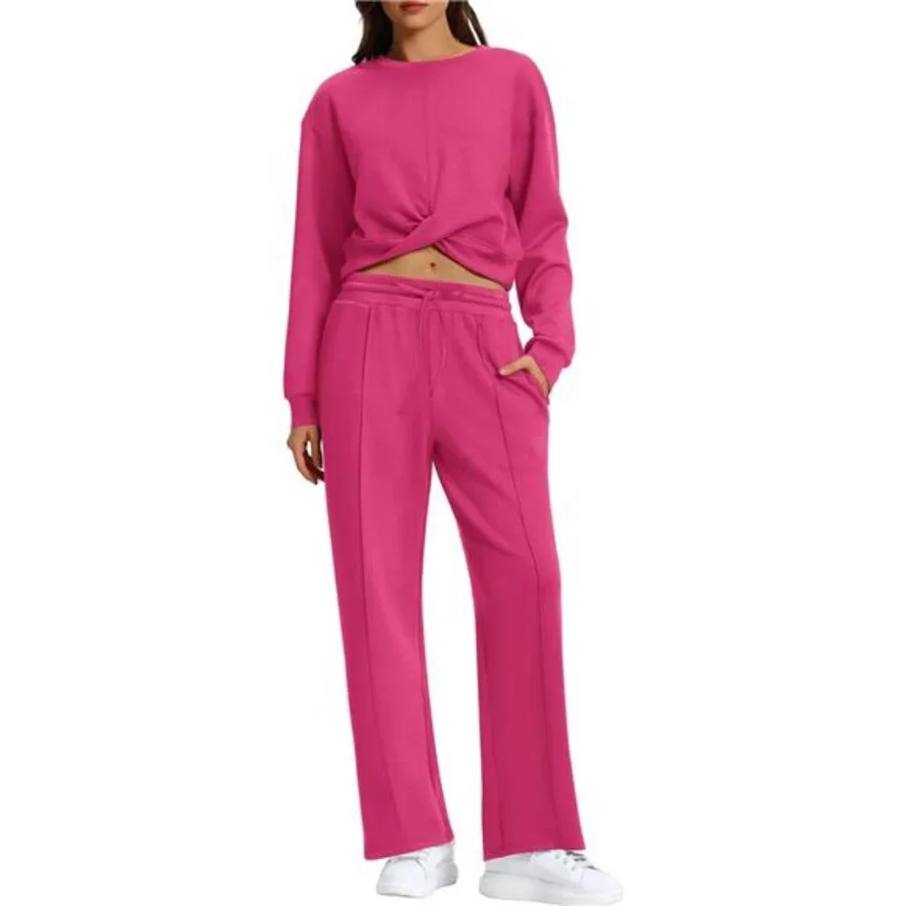 Women's 2 Piece Set Twist Front Cropped Sweatshirt Wide Leg Sweatpant Tracksuit